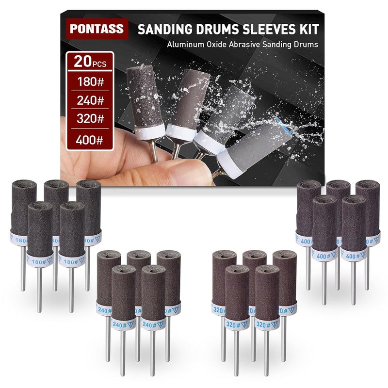 PONTASS 180 240 320 400 Grit Sanding Bits for Dremel Tool with 1/8" Shank 20Pcs Sanding Drums Rotary Tools Accessories, Sanding Stick Sand Paper Tips for Metal Rust Removal/Jade Polishing/Stone Grinding - Image 1